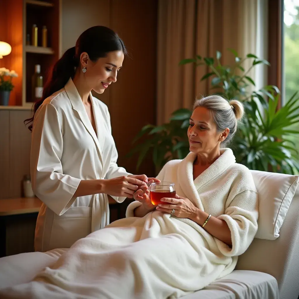 Tasse de thé sur une table en bois, entourée d'herbes fraîches.